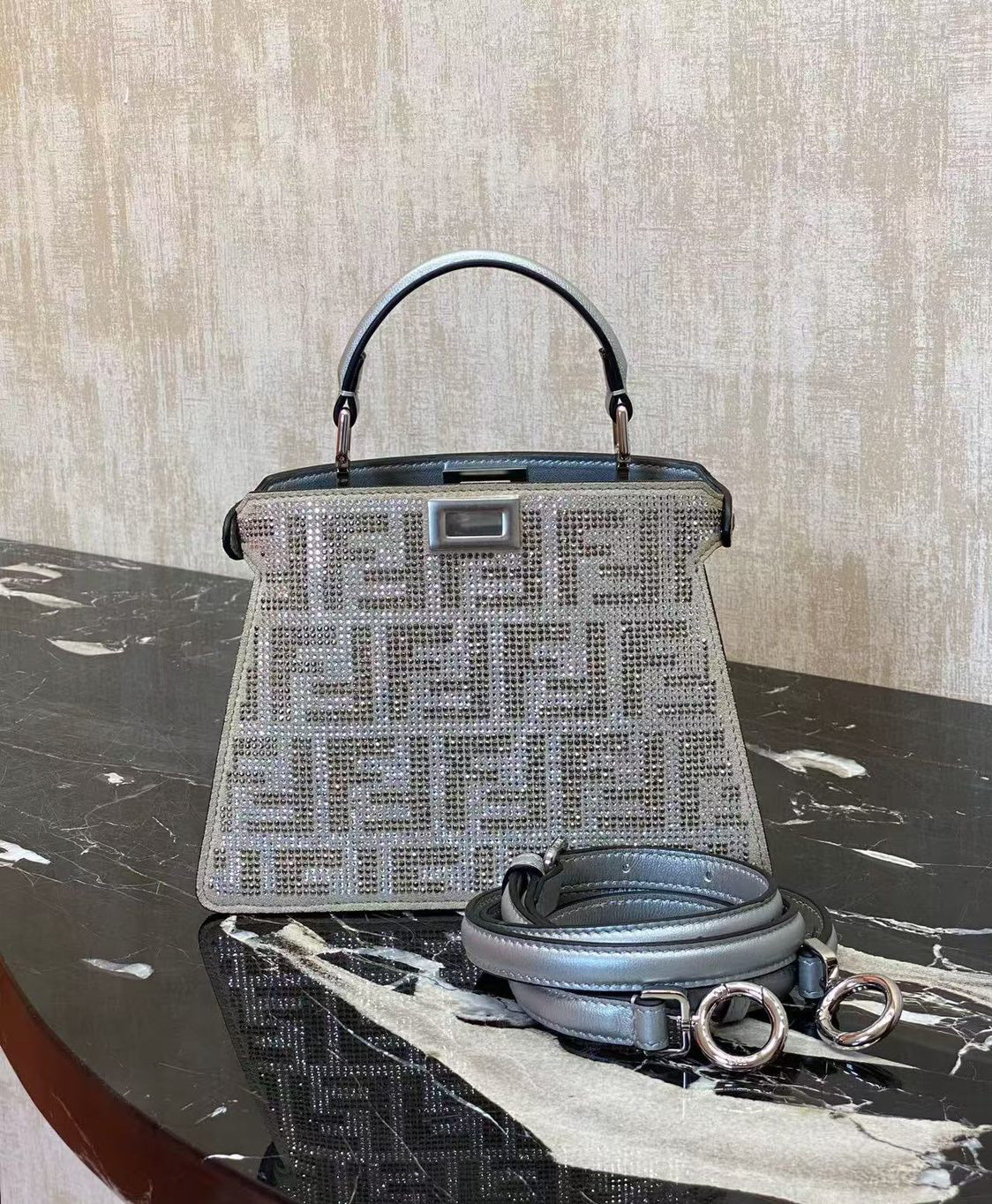 Fendi Peekaboo ISeeU Small Silver leather bag with crystal FF motif Royal tushar