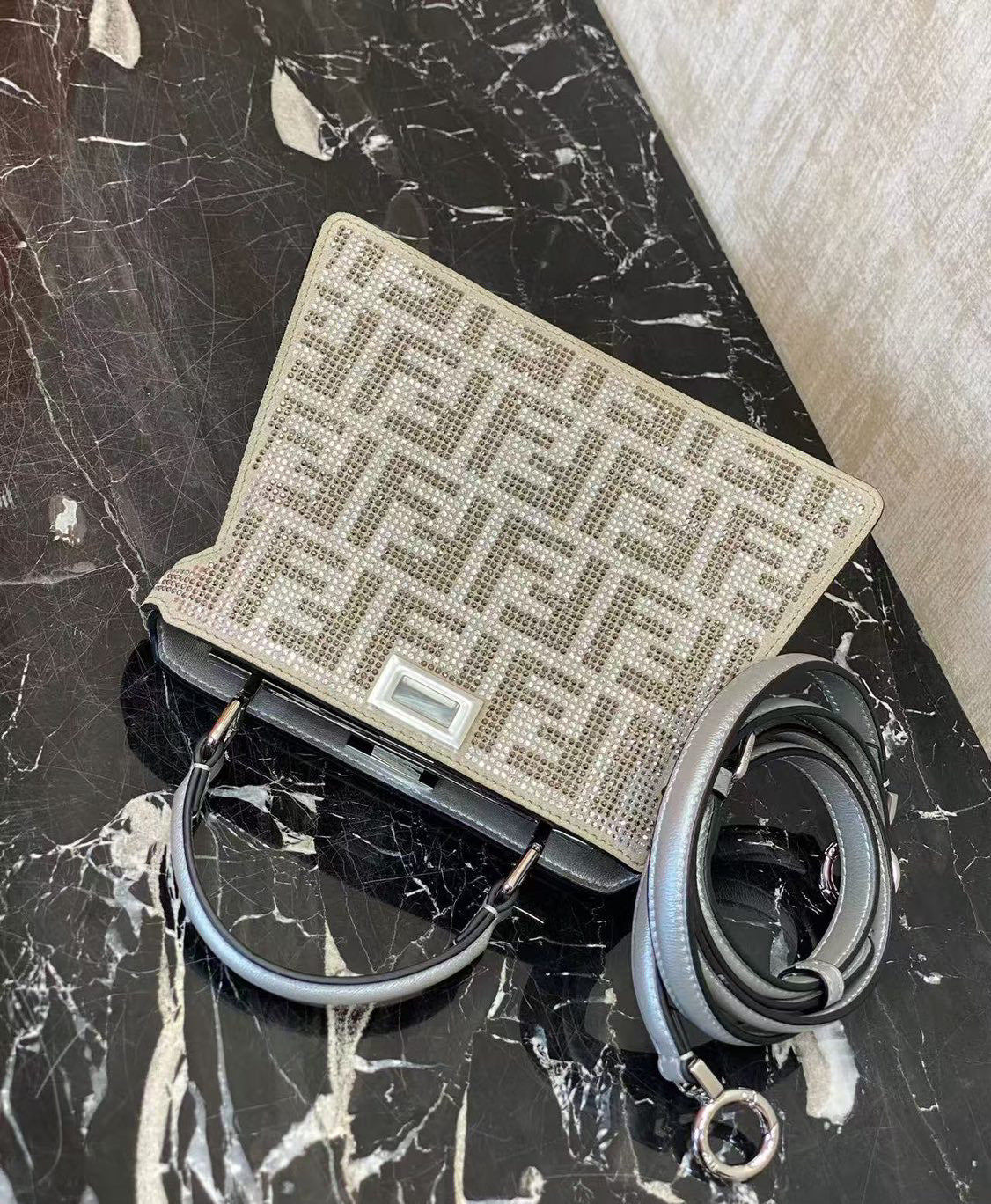 Fendi Peekaboo ISeeU Small Silver leather bag with crystal FF motif Royal tushar