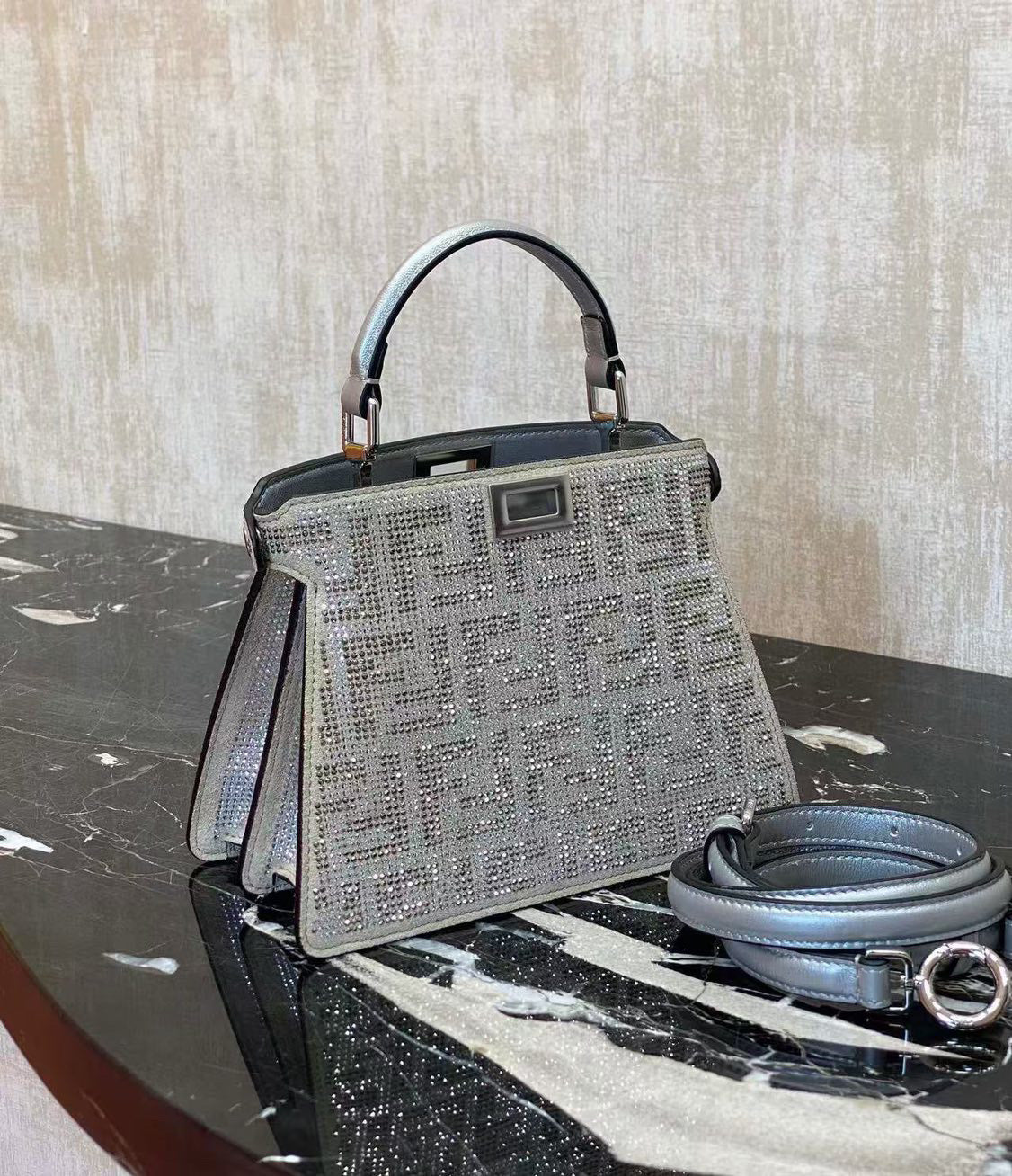 Fendi Peekaboo ISeeU Small Silver leather bag with crystal FF motif Royal tushar