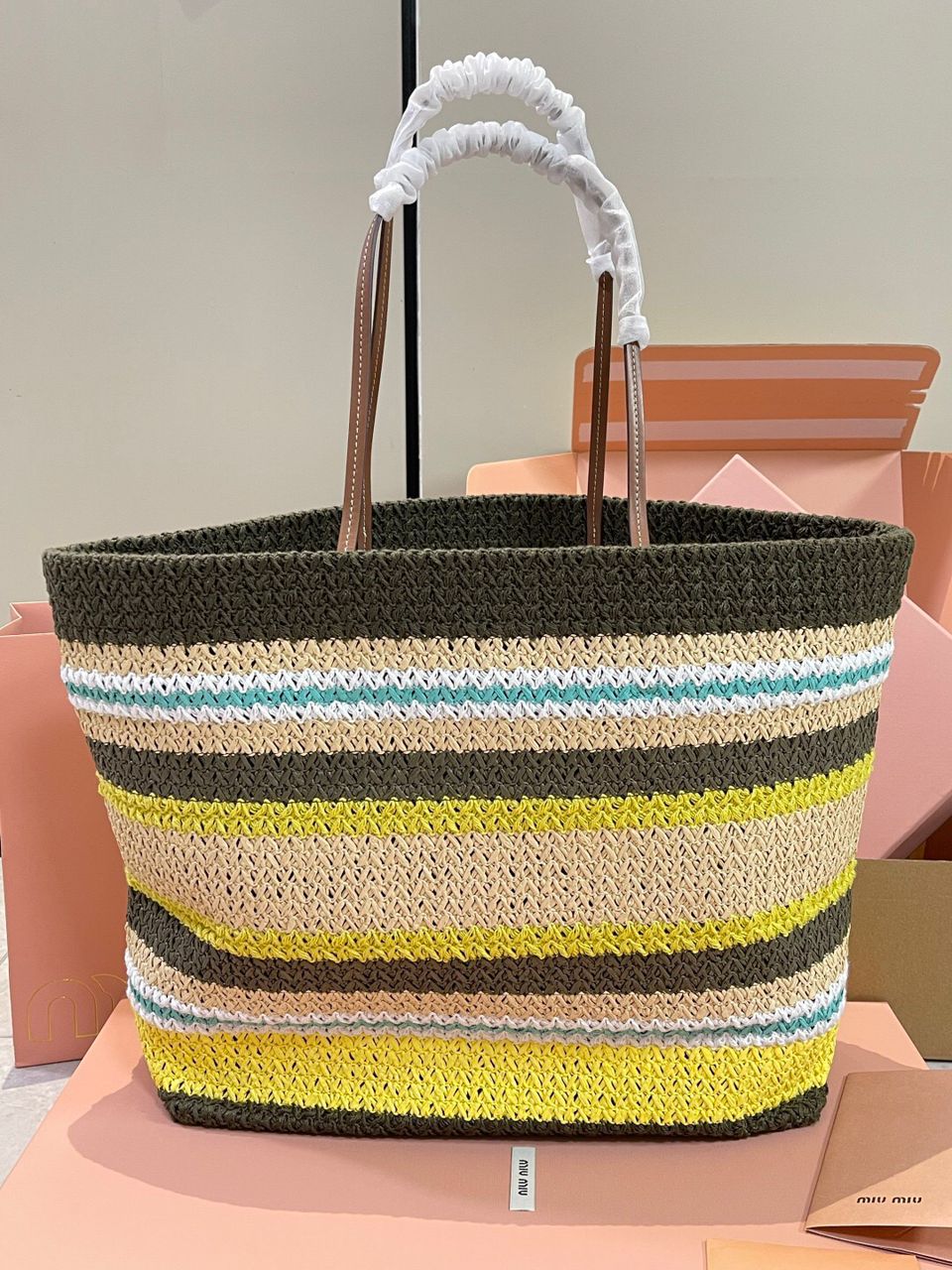 Miu Miu Raffia-Effect Woven Tote Bag 'Tundra/Lemon Yellow/Natural' Royal tushar