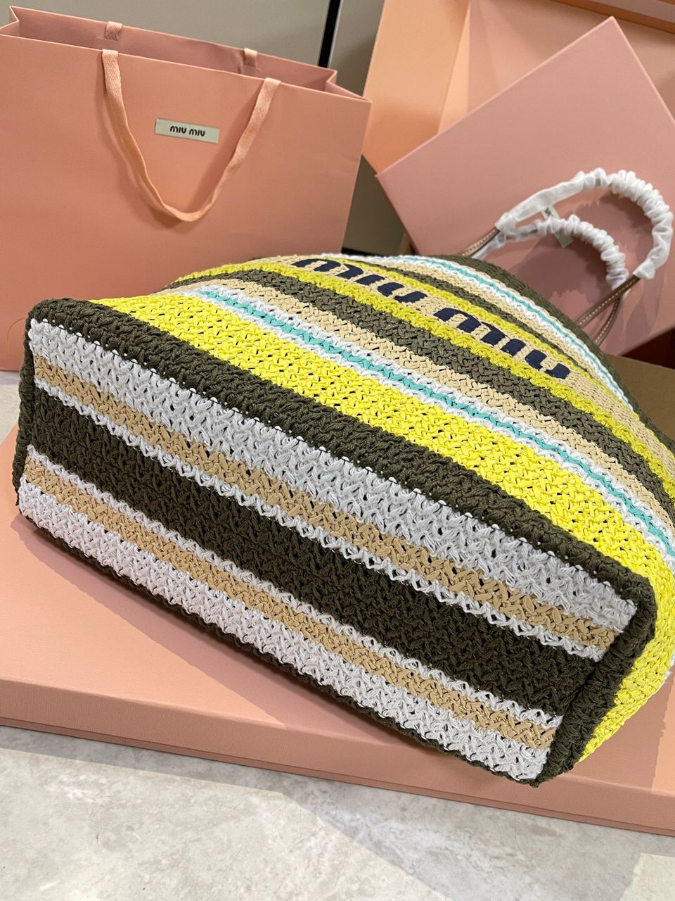 Miu Miu Raffia-Effect Woven Tote Bag 'Tundra/Lemon Yellow/Natural' Royal tushar