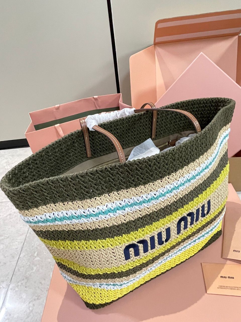 Miu Miu Raffia-Effect Woven Tote Bag 'Tundra/Lemon Yellow/Natural' Royal tushar