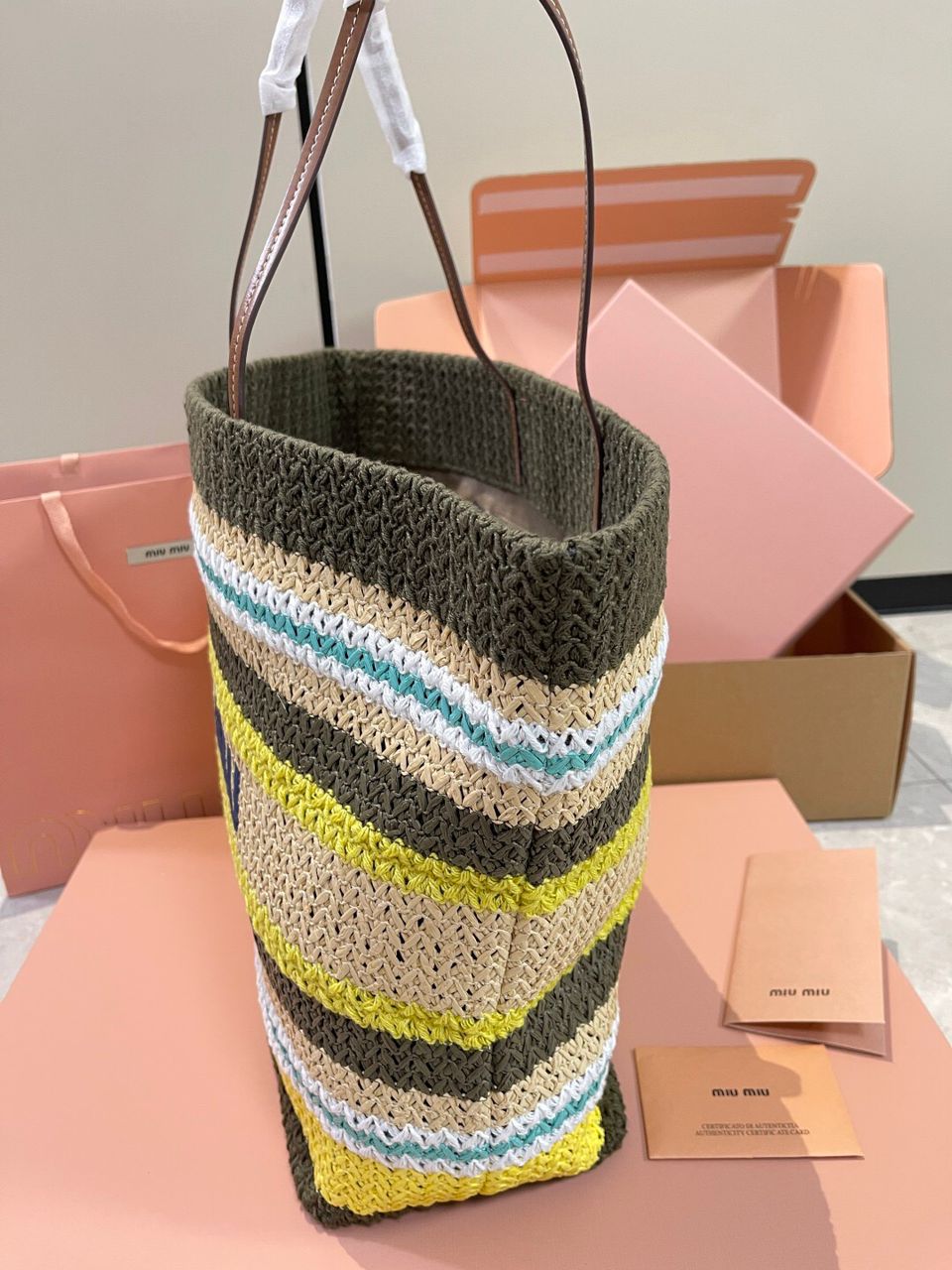 Miu Miu Raffia-Effect Woven Tote Bag 'Tundra/Lemon Yellow/Natural' Royal tushar