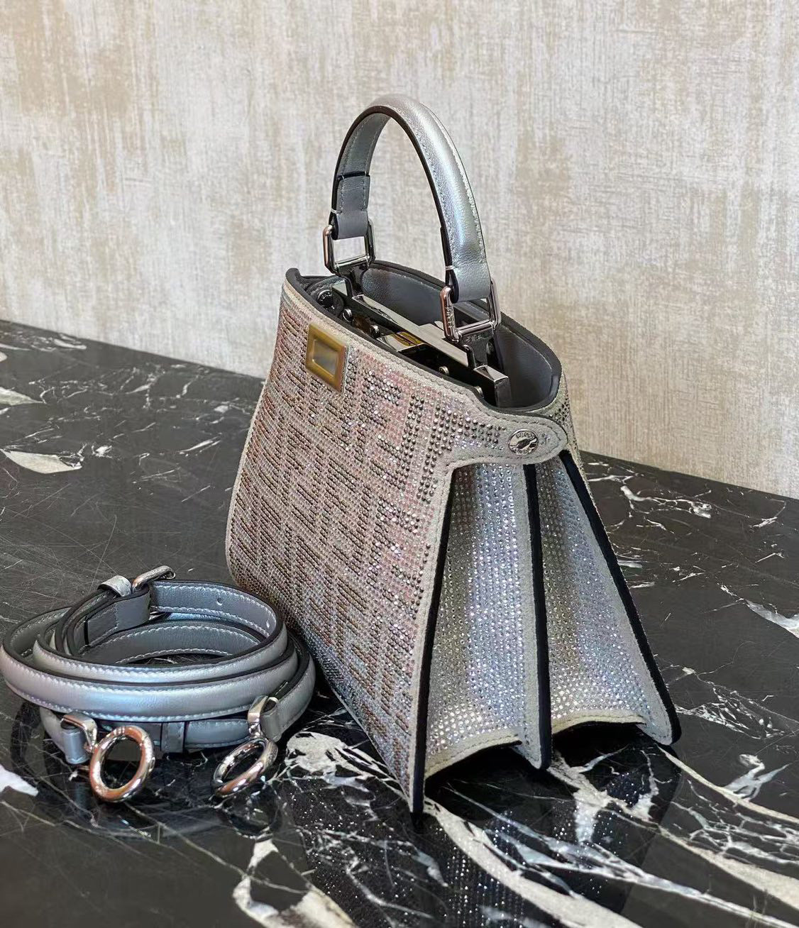 Fendi Peekaboo ISeeU Small Silver leather bag with crystal FF motif Royal tushar