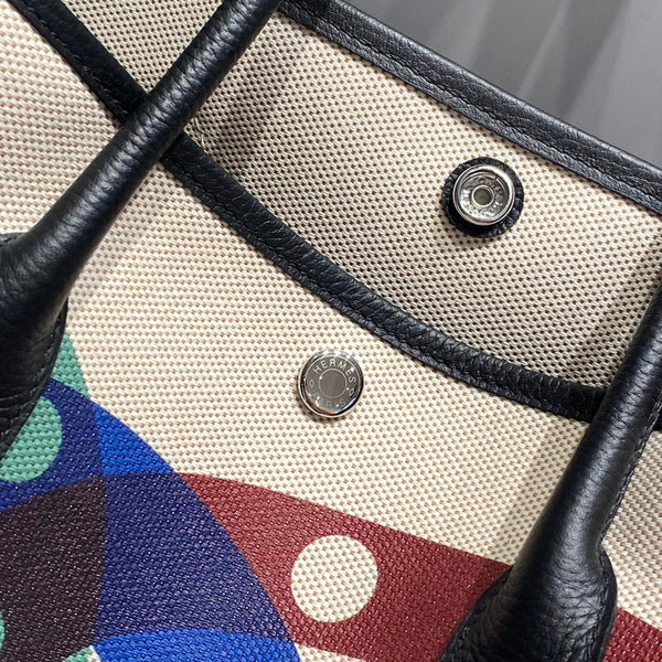 HERMES GARDEN PARTY 36 IN MULTICOLOR TOILE H CANVAS BLACK CALFSKIN OVERLAPPING POLKA RINGS PRINT