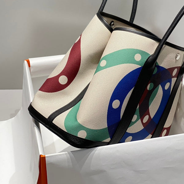 HERMES GARDEN PARTY 36 IN MULTICOLOR TOILE H CANVAS BLACK CALFSKIN OVERLAPPING POLKA RINGS PRINT Royal tushar