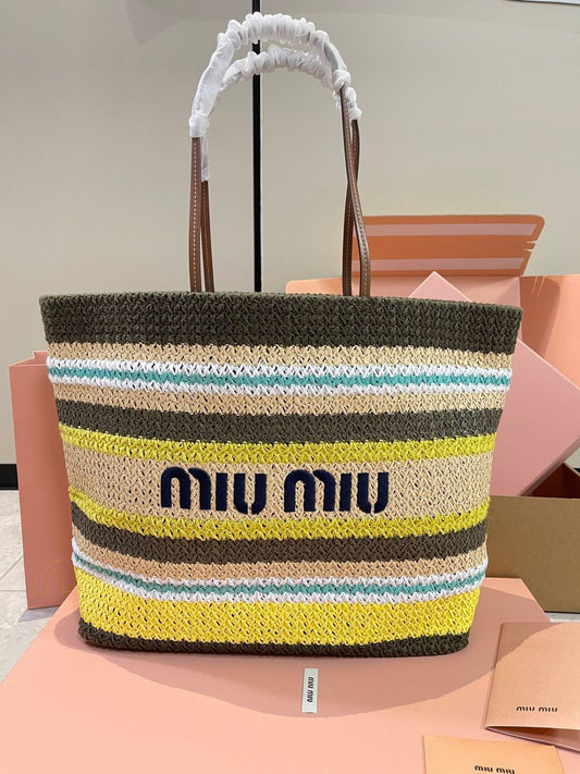 Miu Miu Raffia-Effect Woven Tote Bag 'Tundra/Lemon Yellow/Natural' Royal tushar
