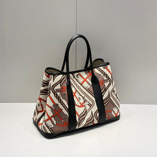 HERMES GARDEN PARTY 36 IN BEIGE ORANGE AND BROWN TOILE H CANVAS BLACK CAStylish Royal tushar